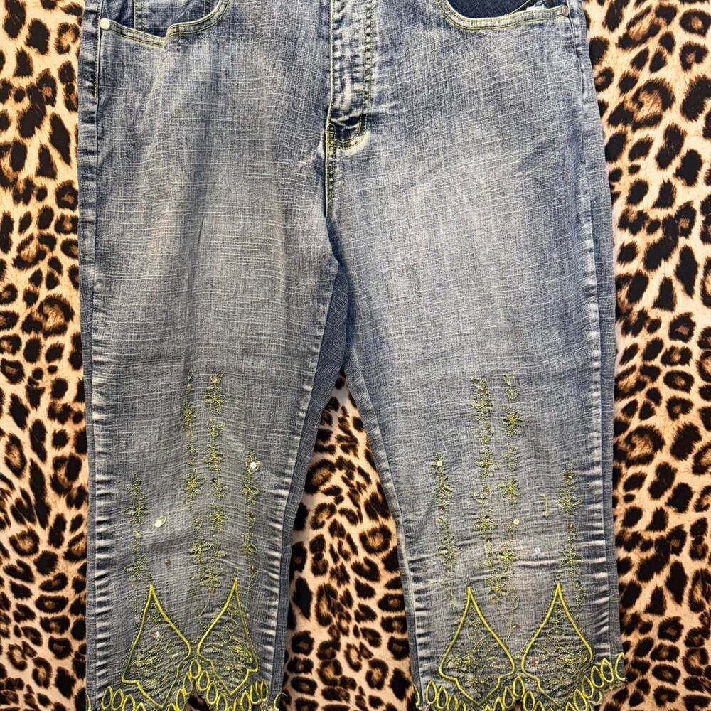Insane Apollo Fairy Floral Capri Jeans Green Sequins and Embroidery 15/16